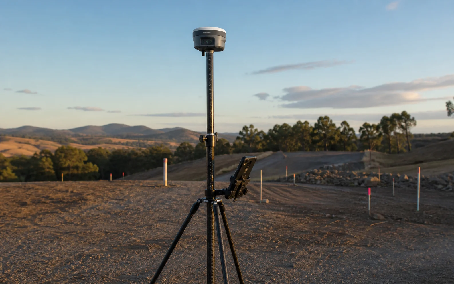 Receptor GNSS RTK instalado sobre trípode topográfico