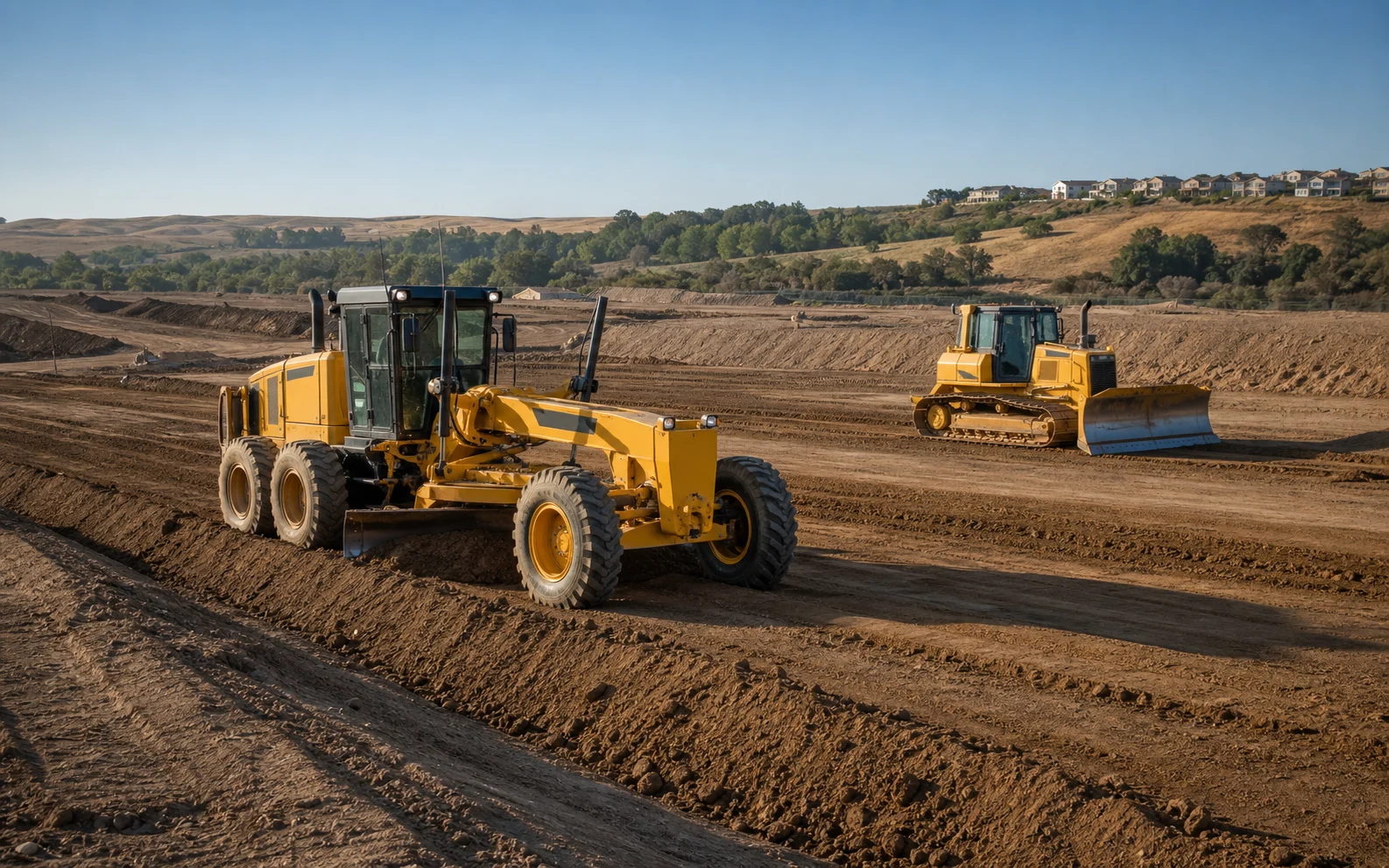 Motoniveladora y bulldozer nivelando un terreno